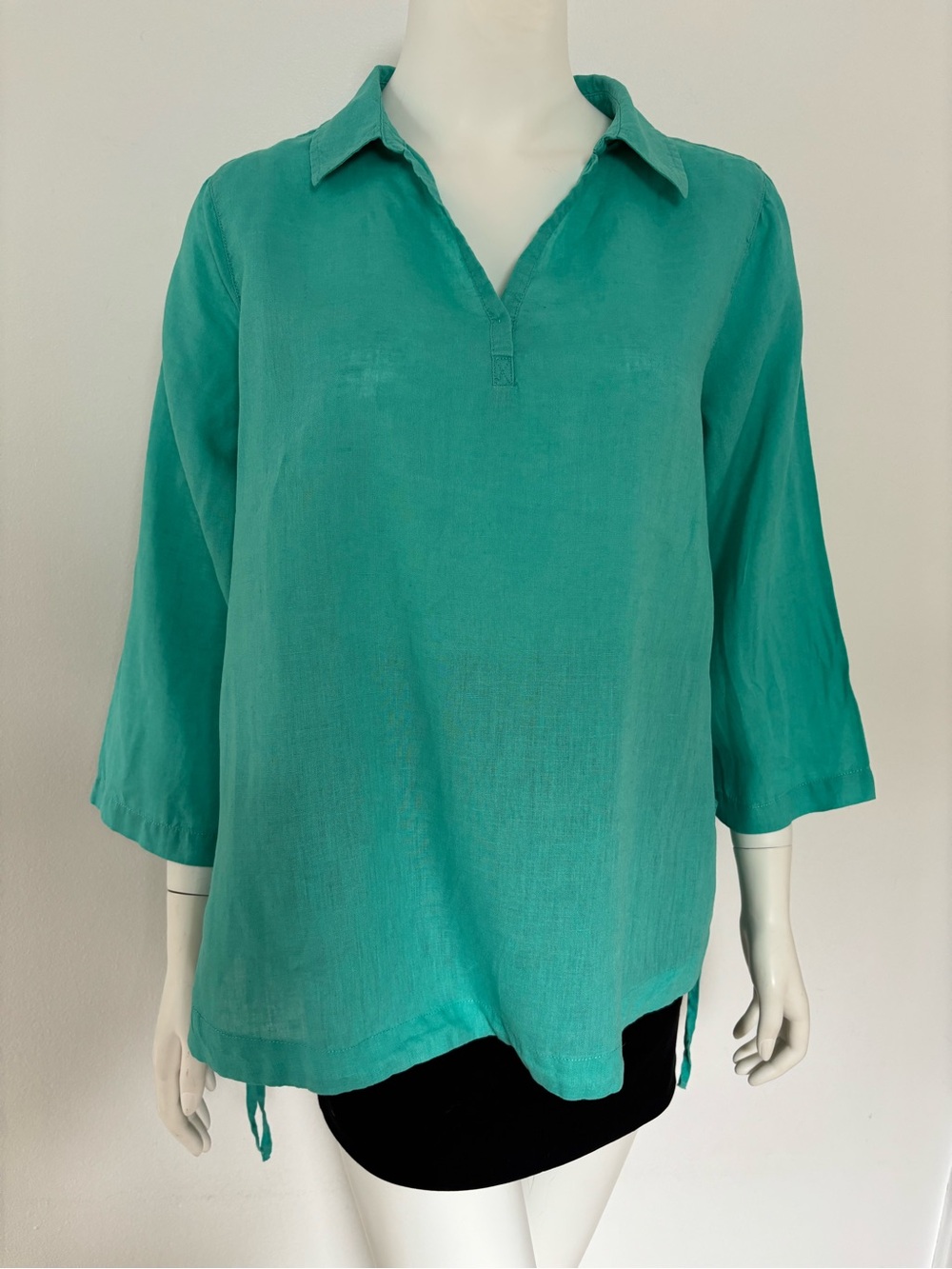 Isaac Mizrahi Teal Split V Linen Tunic Blouse